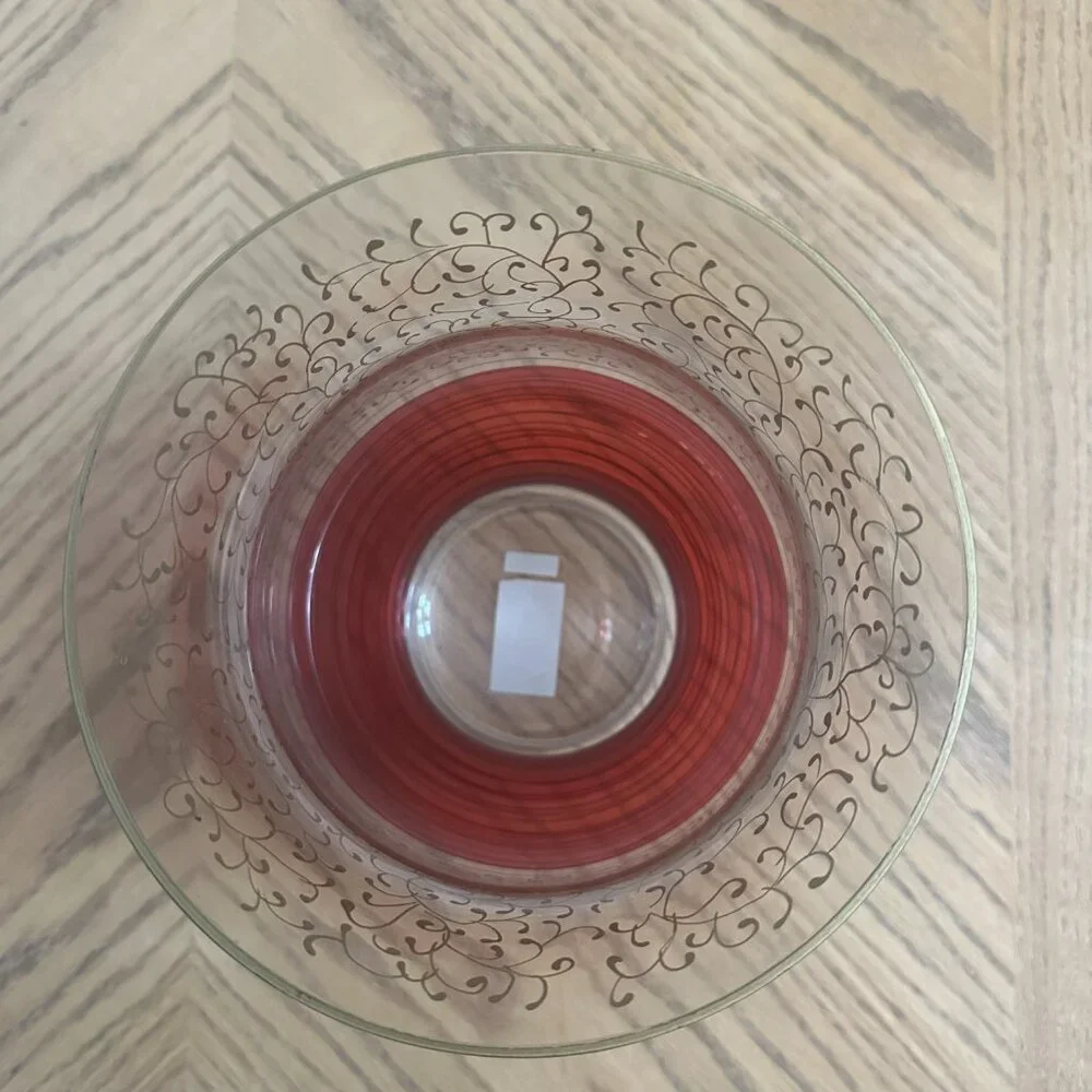 Glass Pier 1 Hand Painted Pillar Candle Holder Vase Red Gold 10.5” Tall